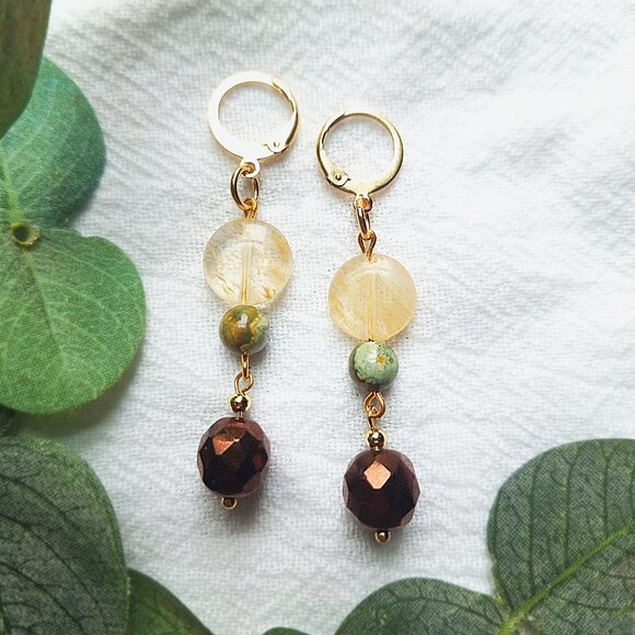 Boho Gold Jasper Earrings, Elegant Hippie Earrings, Soft Whimsigoth Earrings, - Picture 3 of 7